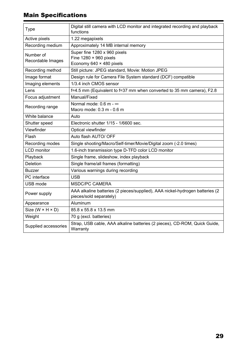 Main specifications, 29 main specifications | Konica Minolta Konica Revio C2 User Manual | Page 29 / 33