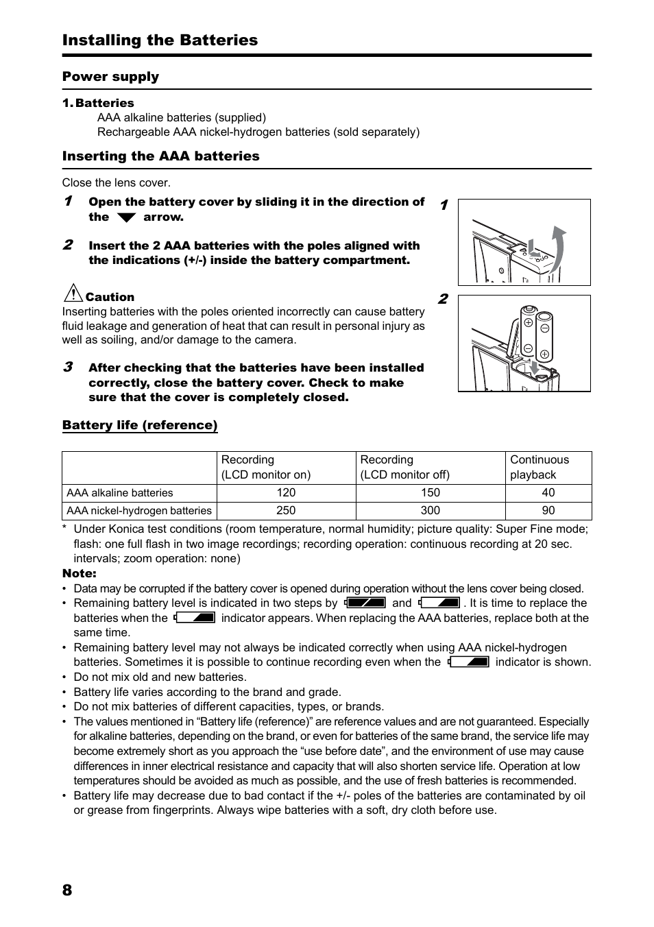 Installing the batteries, 8installing the batteries | Konica Minolta Konica Revio C2 User Manual | Page 8 / 33