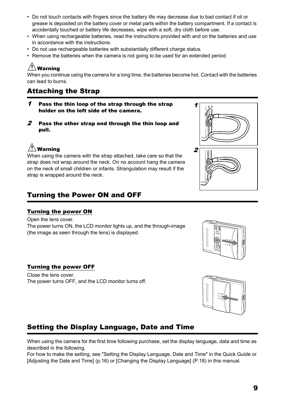 Attaching the strap, Turning the power on and off, Setting the display language, date and time | Konica Minolta Konica Revio C2 User Manual | Page 9 / 33