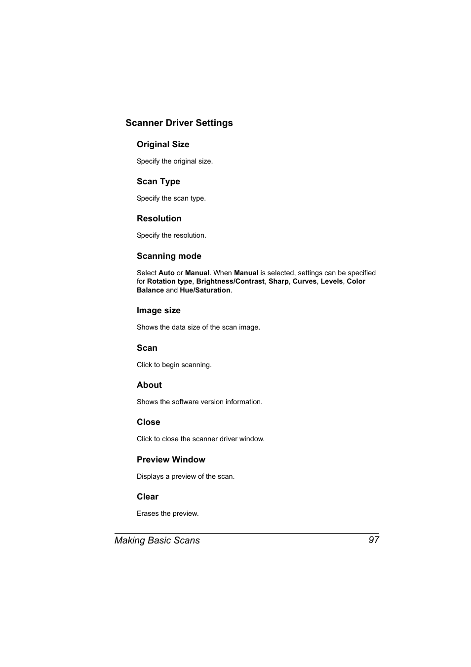 Scanner driver settings, Original size, Scan type | Resolution, Scanning mode, Image size, Scan, About, Close, Preview window | Konica Minolta 2490MF User Manual | Page 109 / 226