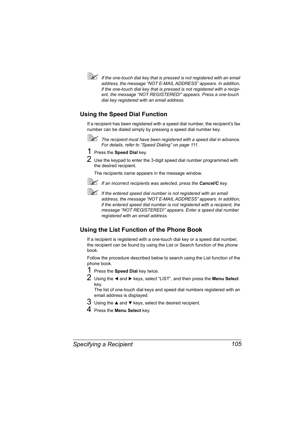 Using the speed dial function, Using the list function of the phone book | Konica Minolta 2490MF User Manual | Page 117 / 226