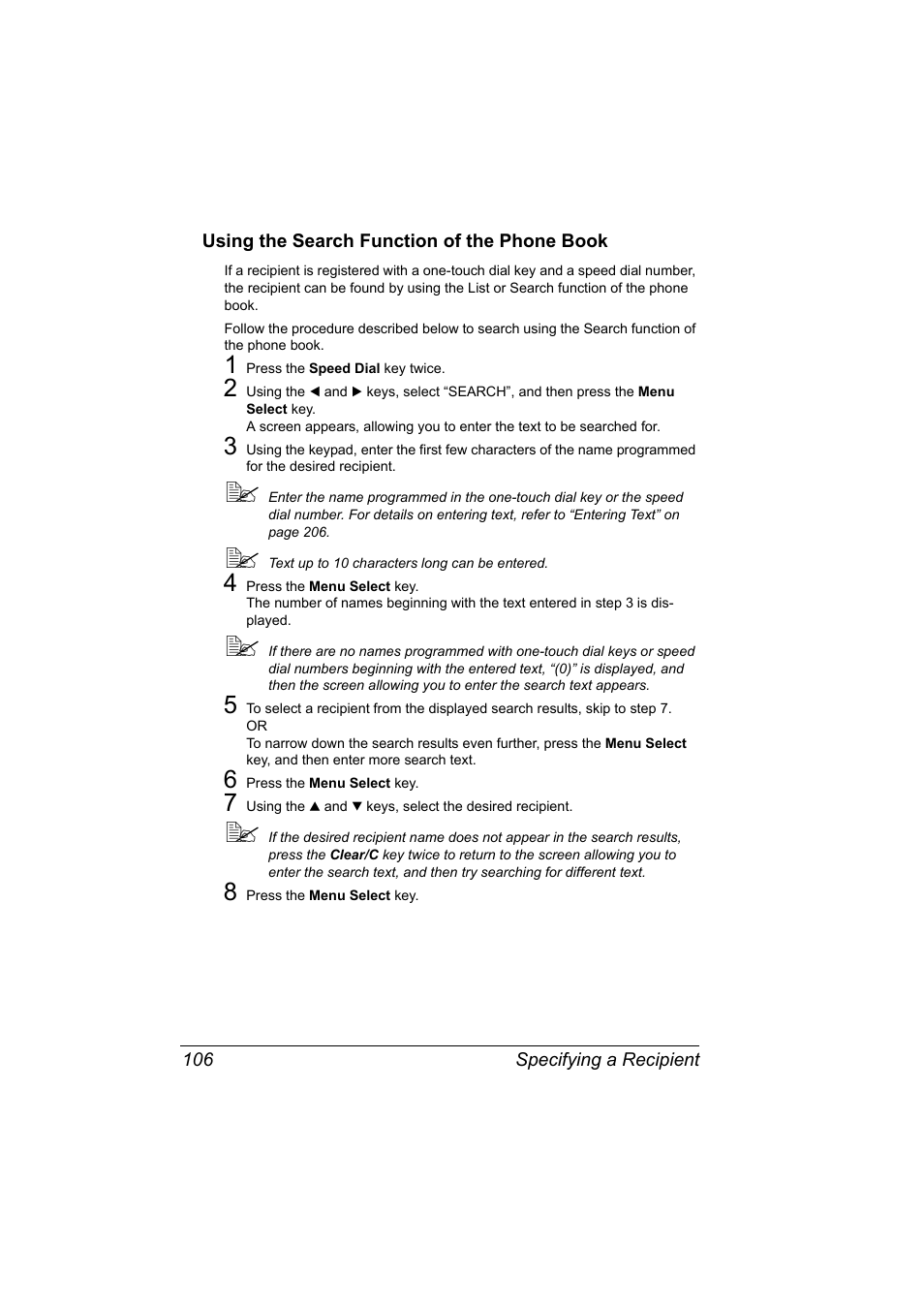 Using the search function of the phone book, Using the search function of the phone book 106 | Konica Minolta 2490MF User Manual | Page 118 / 226