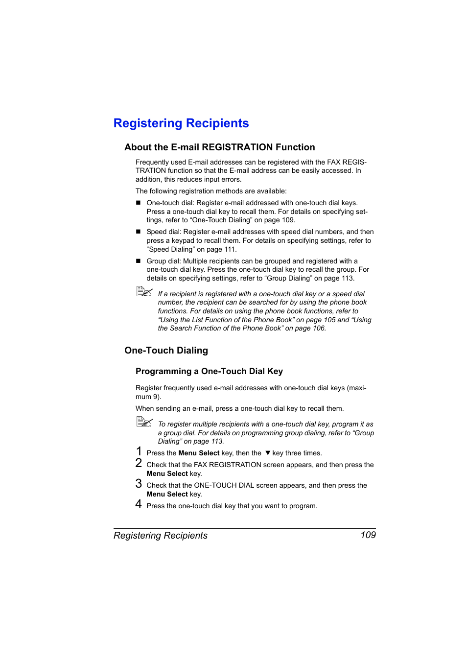 Registering recipients, About the e-mail registration function, One-touch dialing | Programming a one-touch dial key, Registering recipients 109, Programming a one-touch dial key 109 | Konica Minolta 2490MF User Manual | Page 121 / 226