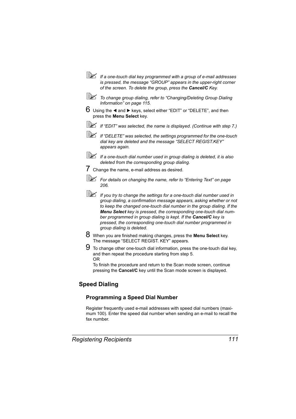 Speed dialing, Programming a speed dial number, Speed dialing 111 | Programming a speed dial number 111 | Konica Minolta 2490MF User Manual | Page 123 / 226