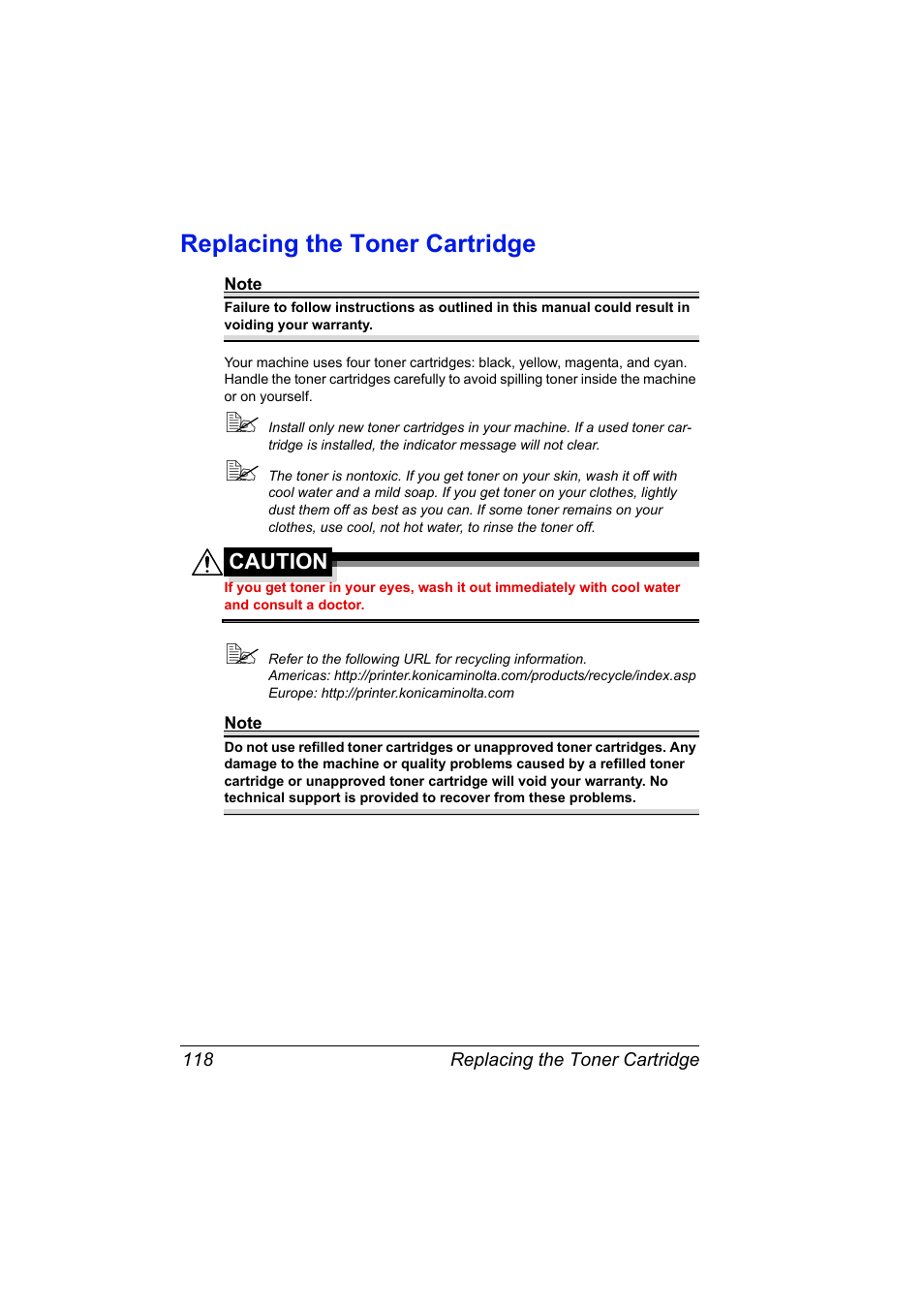Replacing the toner cartridge, Replacing the toner cartridge 118 | Konica Minolta 2490MF User Manual | Page 130 / 226