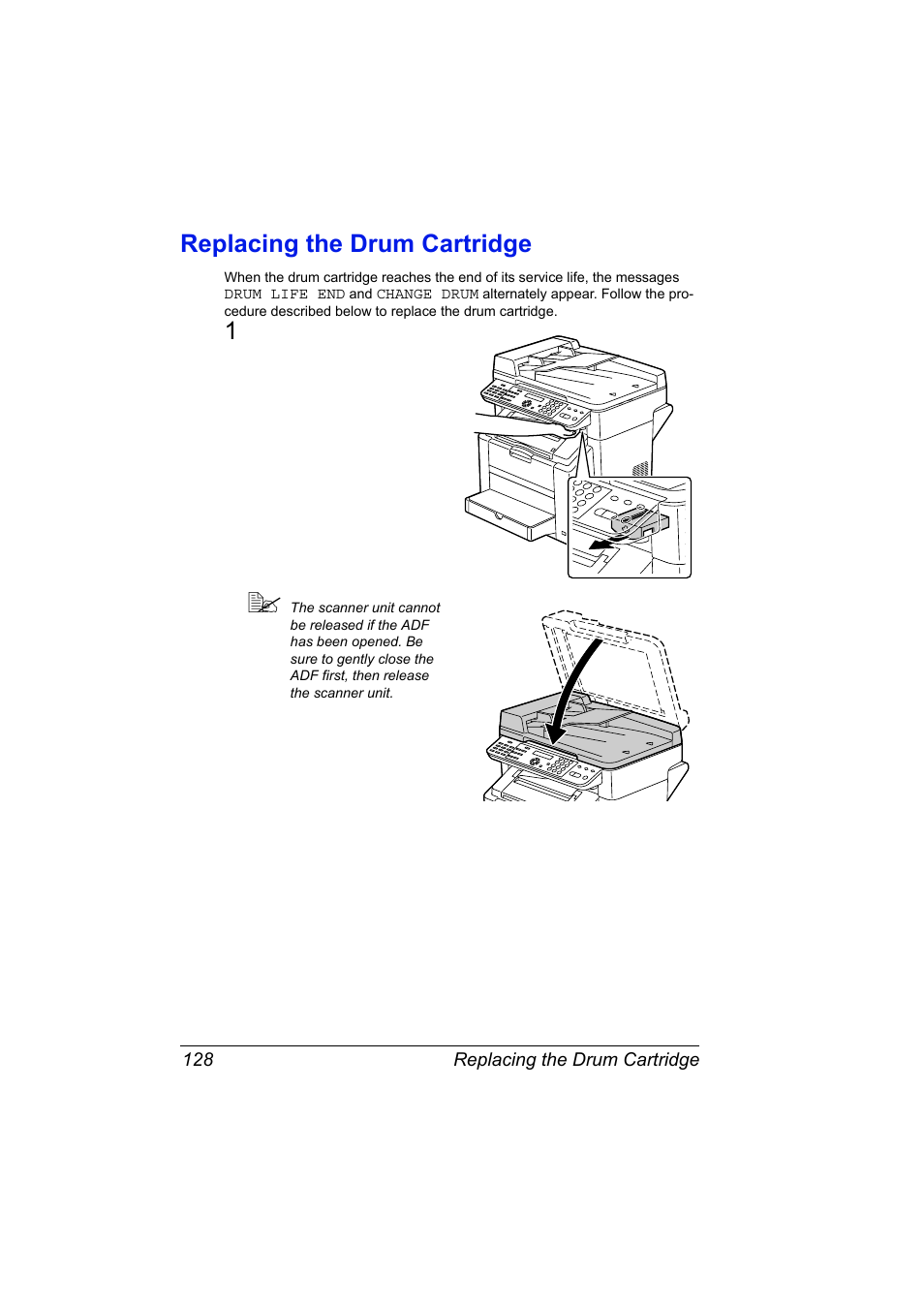 Replacing the drum cartridge, Replacing the drum cartridge 128 | Konica Minolta 2490MF User Manual | Page 140 / 226