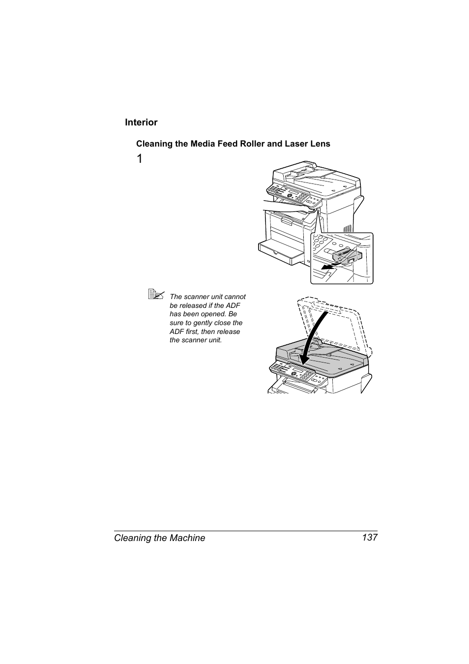 Interior, Cleaning the media feed roller and laser lens, Interior 137 | Cleaning the media feed roller and laser lens 137 | Konica Minolta 2490MF User Manual | Page 149 / 226