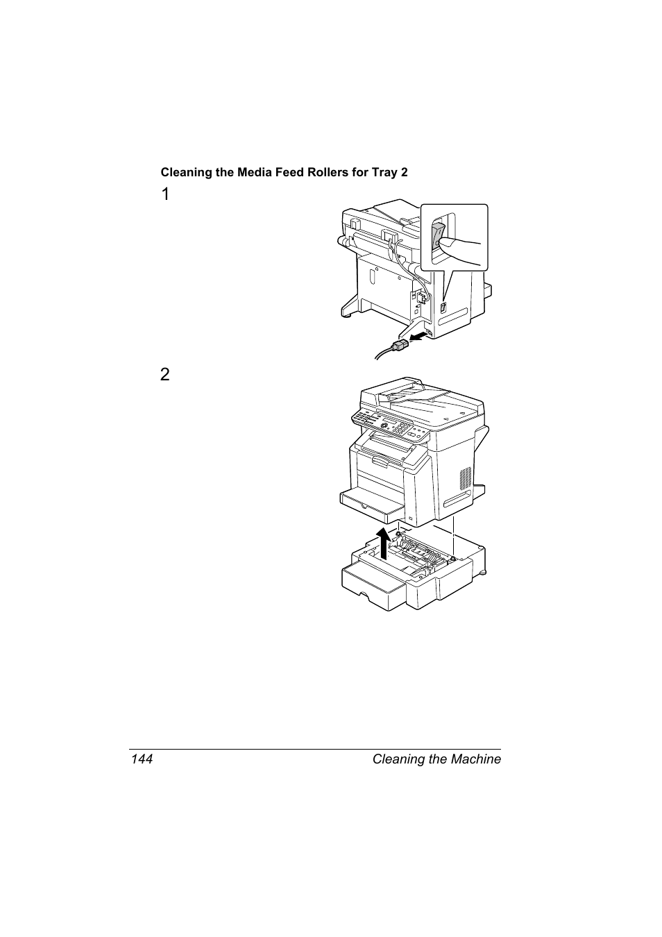 Cleaning the media feed rollers for tray 2, Cleaning the media feed rollers for tray 2 144 | Konica Minolta 2490MF User Manual | Page 156 / 226