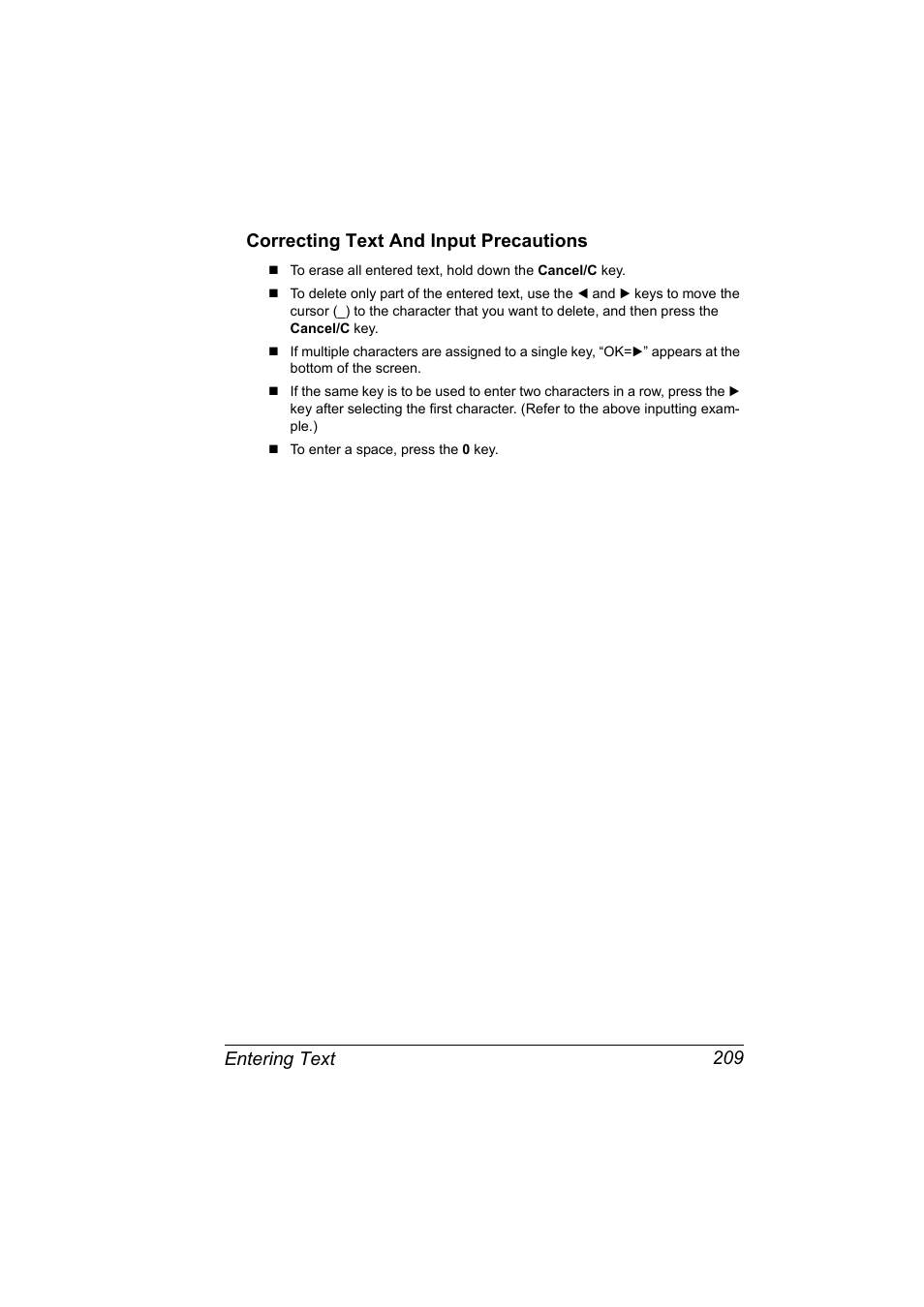 Correcting text and input precautions, Correcting text and input precautions 209 | Konica Minolta 2490MF User Manual | Page 221 / 226
