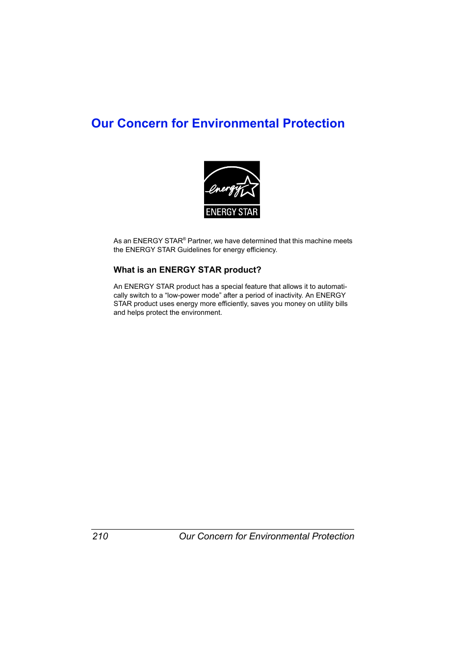 Our concern for environmental protection, What is an energy star product, Our concern for environmental protection 210 | What is an energy star product? 210 | Konica Minolta 2490MF User Manual | Page 222 / 226