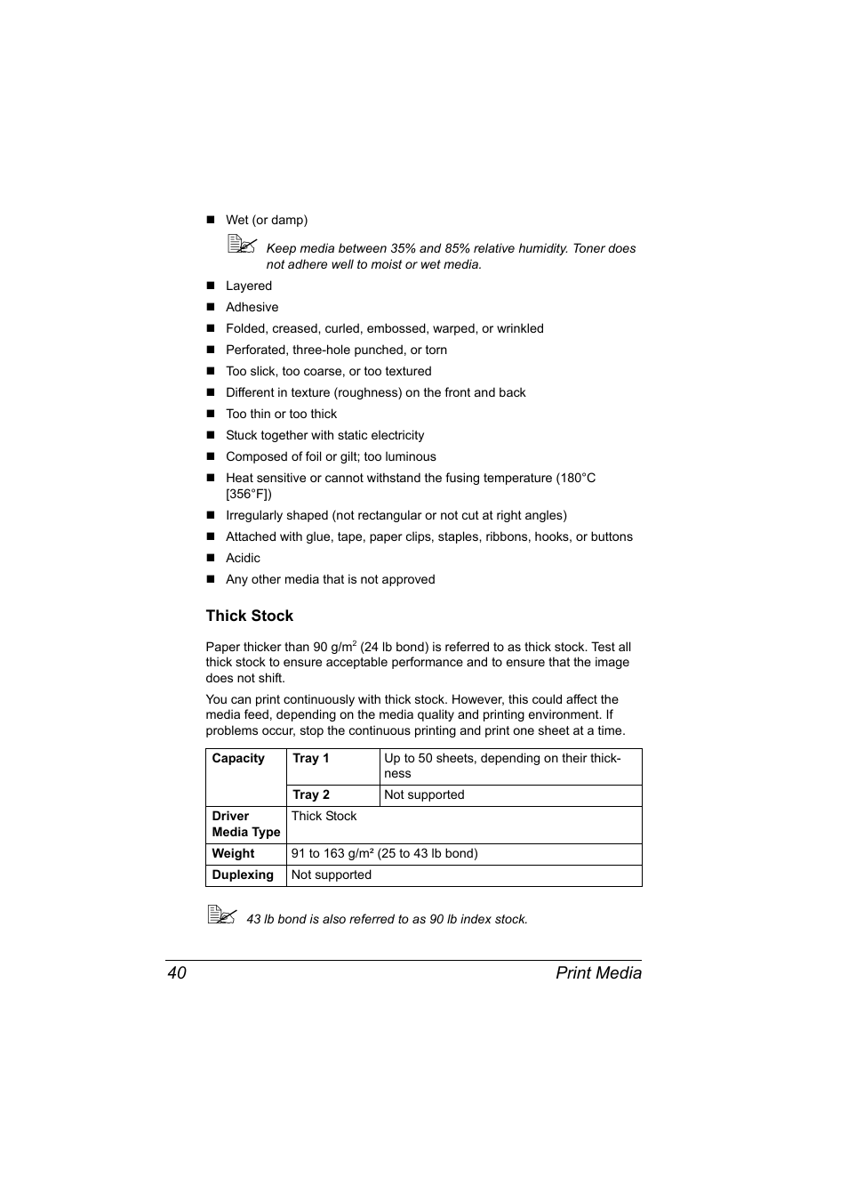 Thick stock, Thick stock 40, Print media 40 | Konica Minolta 2490MF User Manual | Page 52 / 226