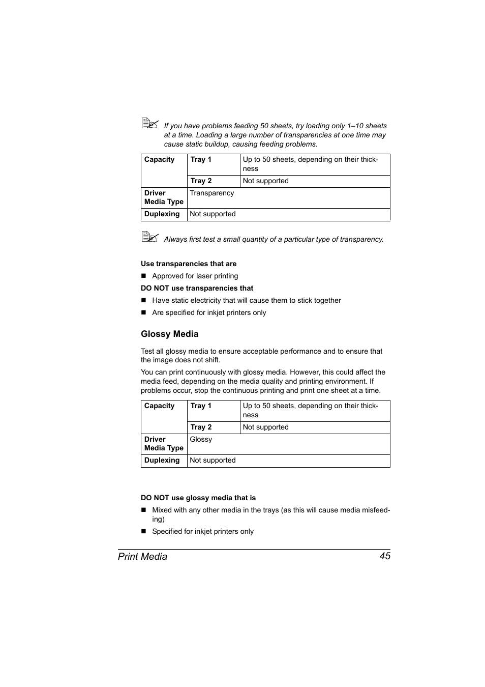 Glossy media, Glossy media 45, Print media 45 | Konica Minolta 2490MF User Manual | Page 57 / 226