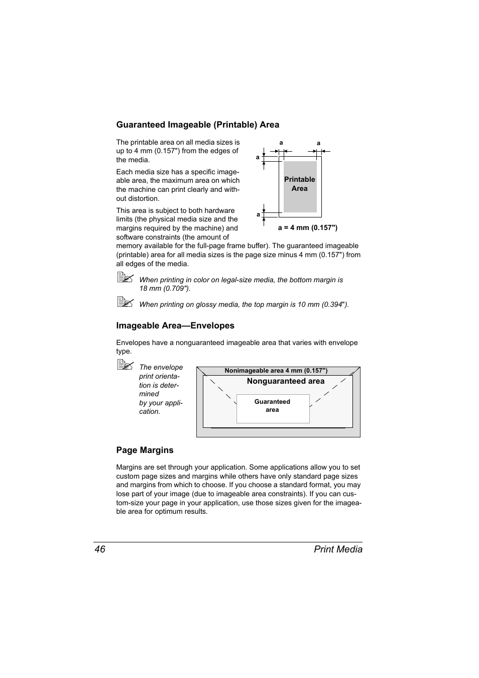 Guaranteed imageable (printable) area, Imageable area-envelopes | Konica Minolta 2490MF User Manual | Page 58 / 226