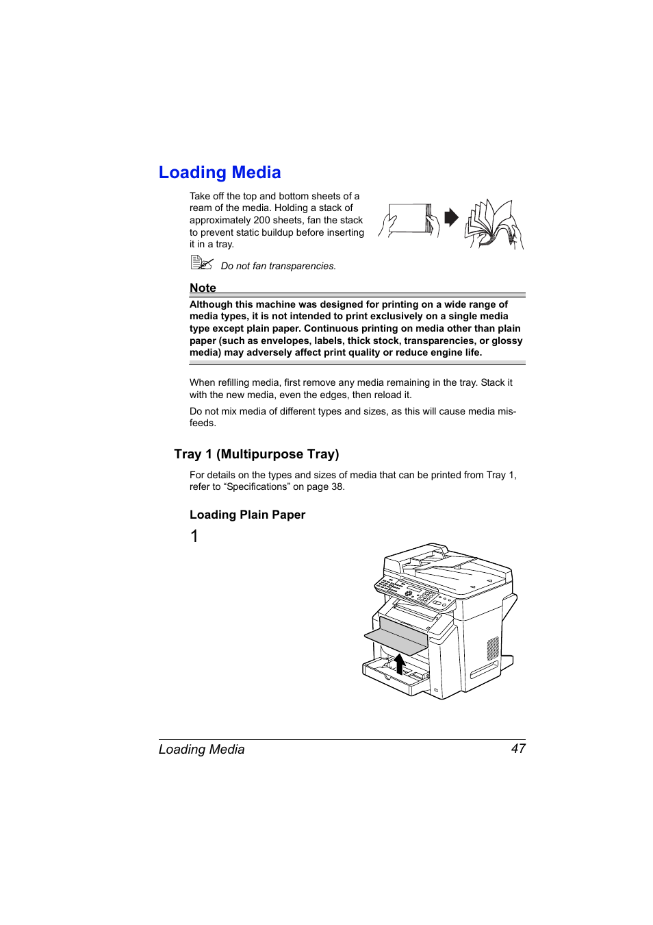 Loading media, Tray 1 (multipurpose tray), Loading plain paper | Loading media 47, Tray 1 (multipurpose tray) 47, Loading plain paper 47 | Konica Minolta 2490MF User Manual | Page 59 / 226