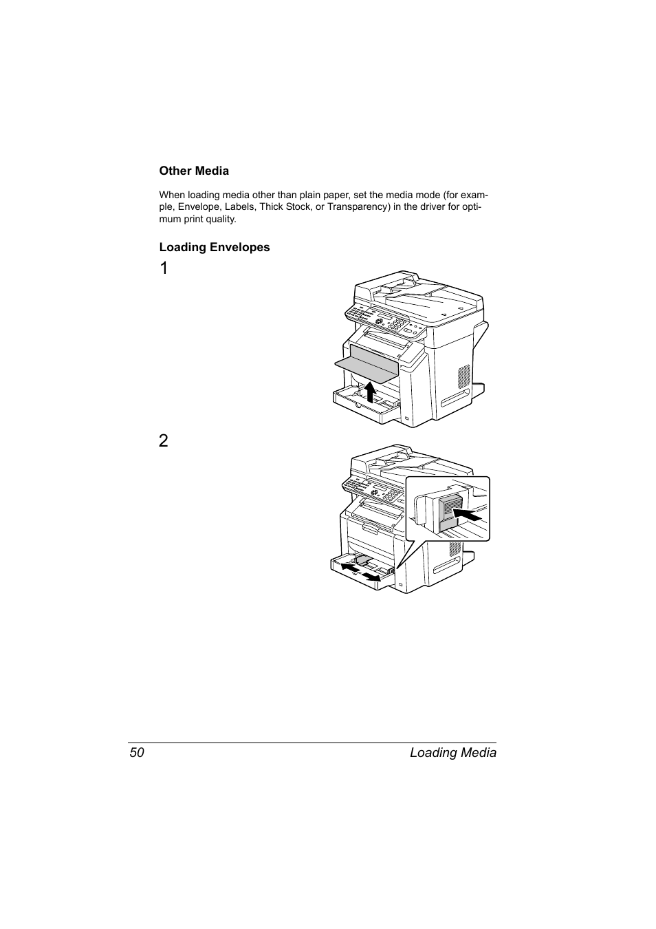 Other media, Loading envelopes, Other media 50 loading envelopes 50 | Konica Minolta 2490MF User Manual | Page 62 / 226