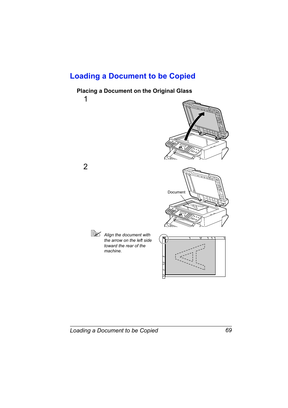 Loading a document to be copied, Placing a document on the original glass, Loading a document to be copied 69 | Placing a document on the original glass 69 | Konica Minolta 2490MF User Manual | Page 81 / 226