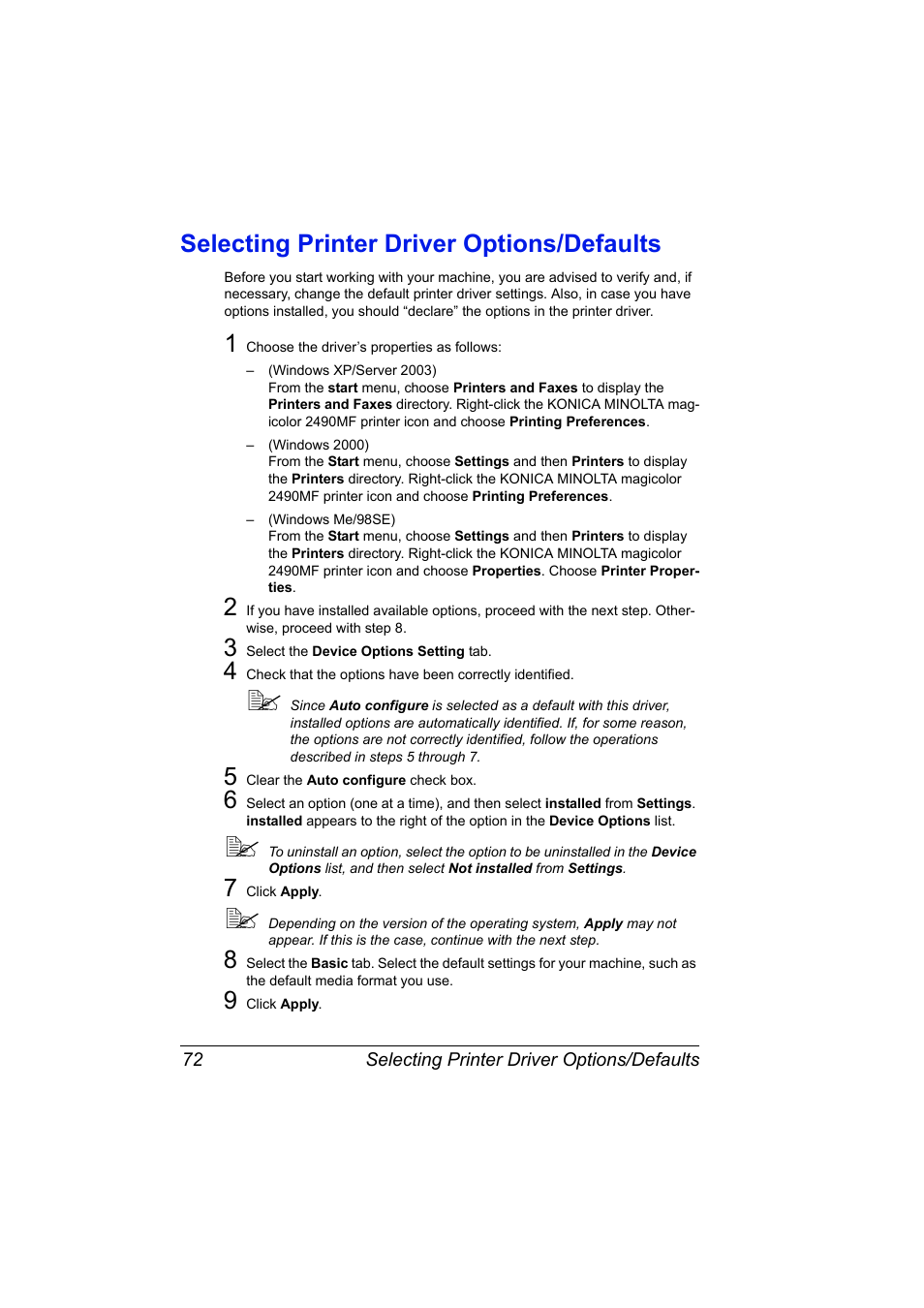Selecting printer driver options/defaults, Selecting printer driver options/defaults 72 | Konica Minolta 2490MF User Manual | Page 84 / 226