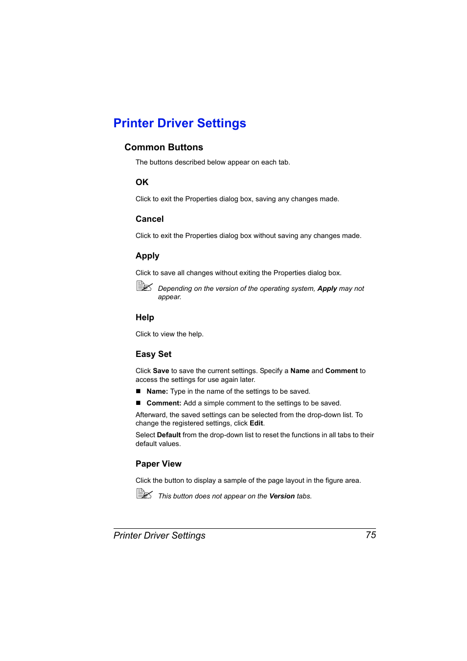 Printer driver settings, Common buttons, Cancel | Apply, Help, Easy set, Paper view, Printer driver settings 75, Common buttons 75 | Konica Minolta 2490MF User Manual | Page 87 / 226