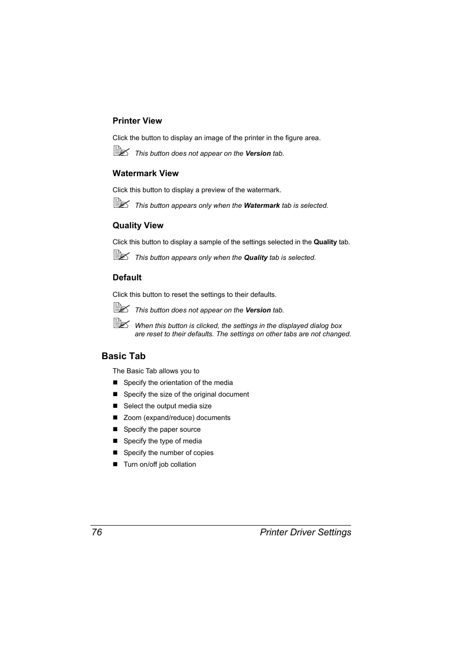 Printer view, Watermark view, Quality view | Default, Basic tab, Basic tab 76 | Konica Minolta 2490MF User Manual | Page 88 / 226