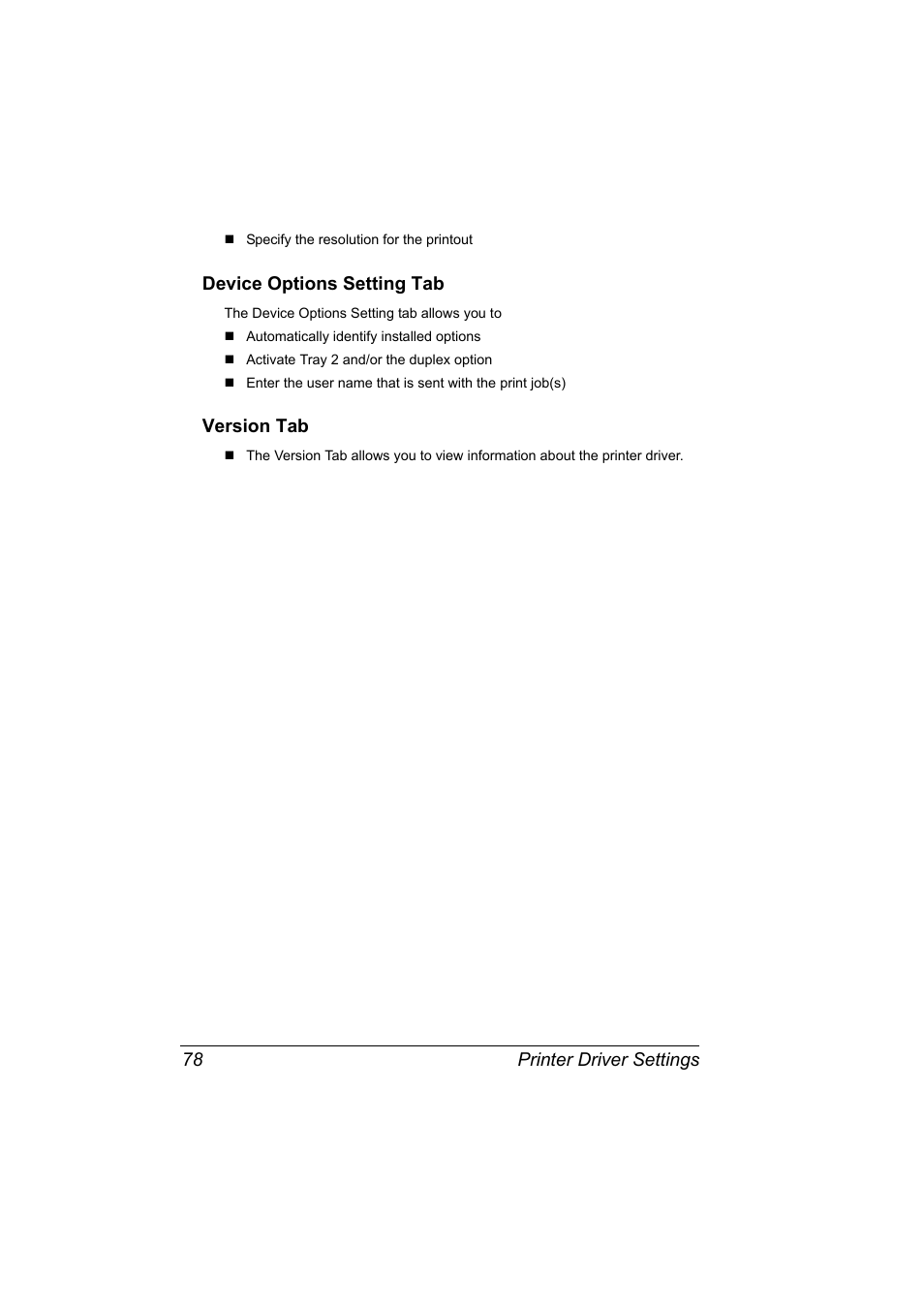 Device options setting tab, Version tab, Device options setting tab 78 version tab 78 | Printer driver settings 78 | Konica Minolta 2490MF User Manual | Page 90 / 226