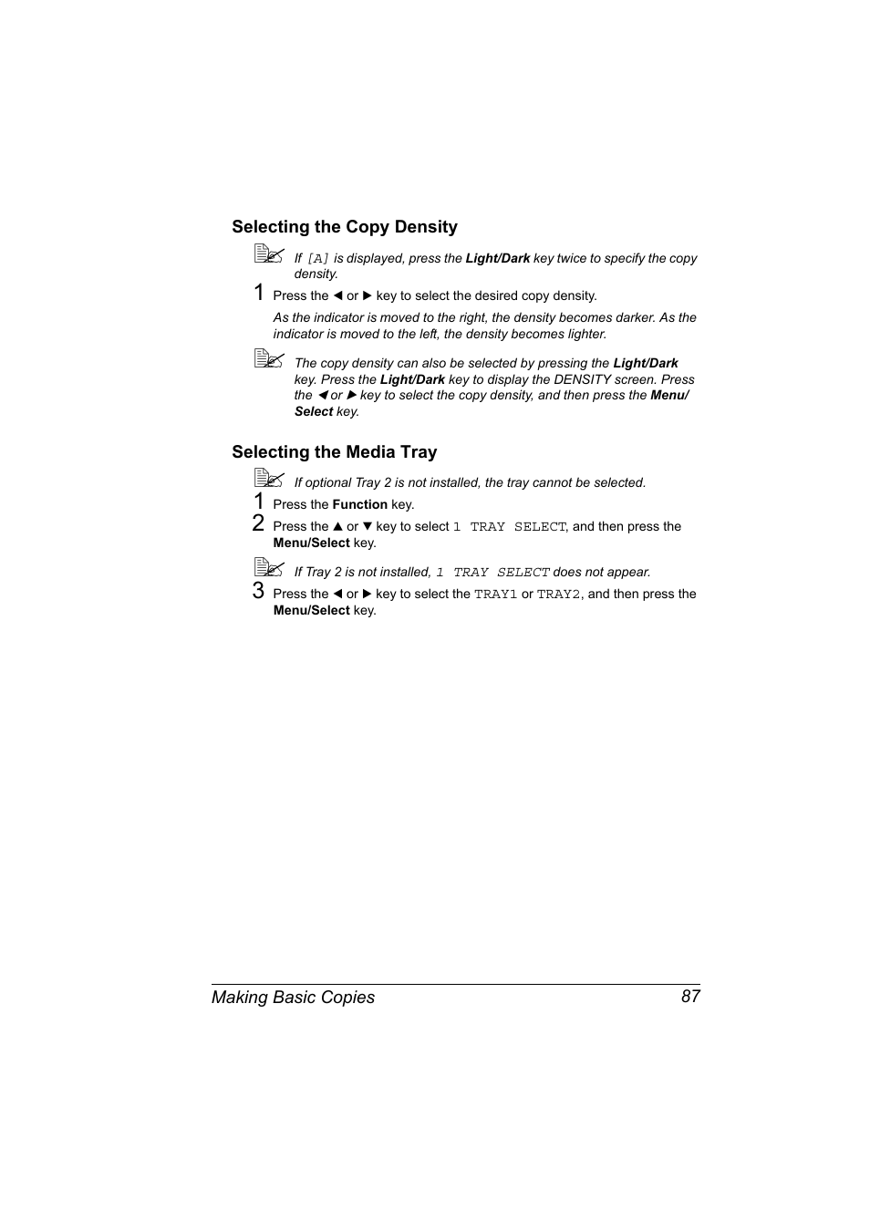 Selecting the copy density, Selecting the media tray | Konica Minolta 2490MF User Manual | Page 99 / 226