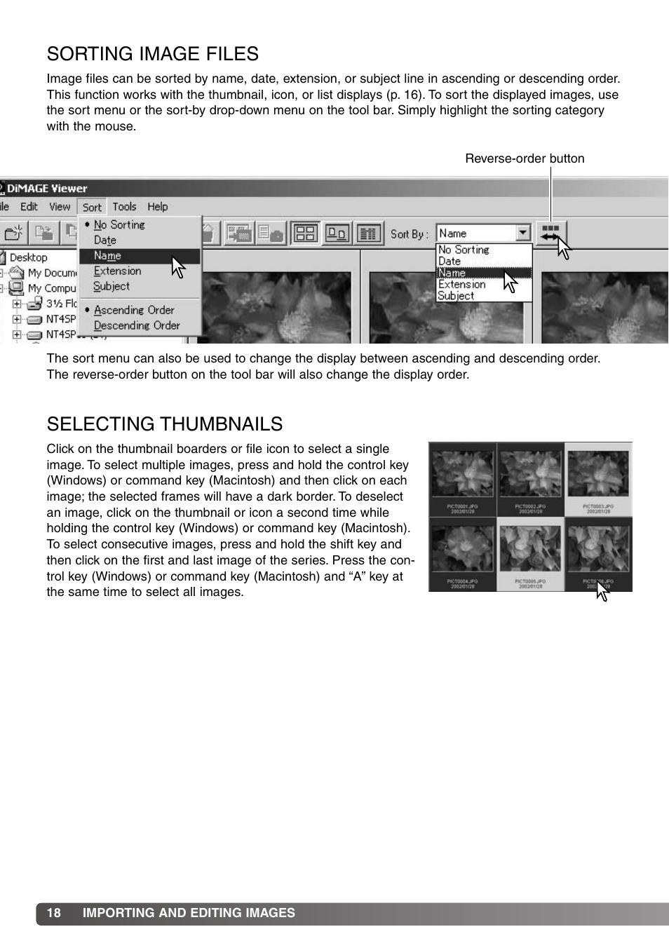 Sorting image files selecting thumbnails, Sorting image files, Selecting thumbnails | Konica Minolta DiMAGE Viewer User Manual | Page 18 / 92
