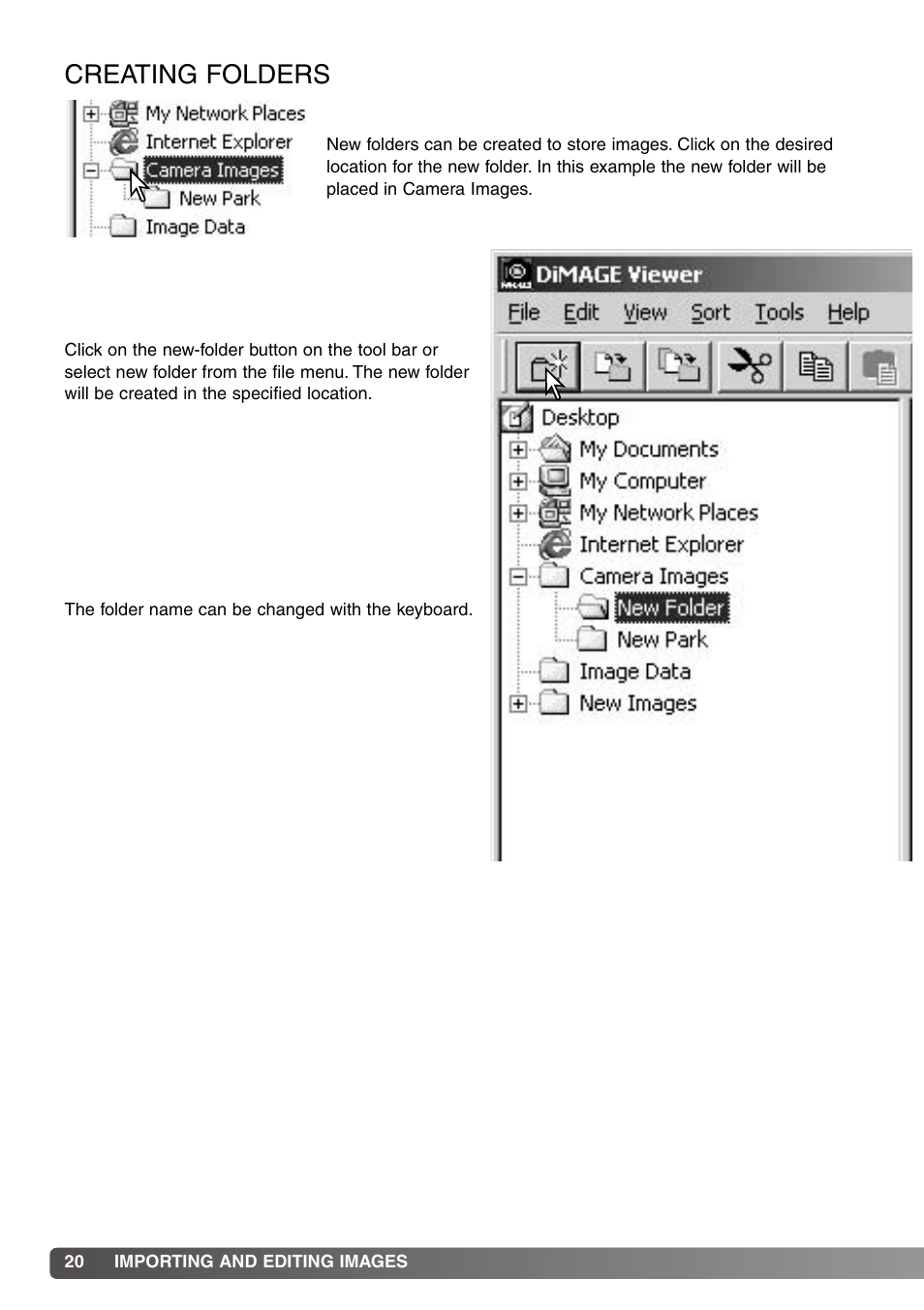 Creating folders | Konica Minolta DiMAGE Viewer User Manual | Page 20 / 92