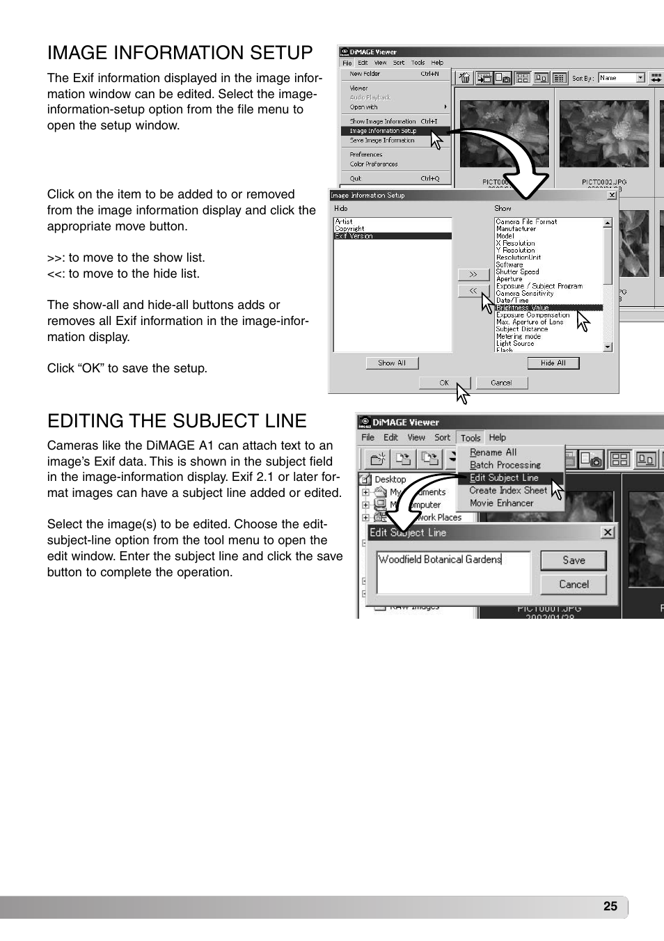 Image information setup editing the subject line, Image information setup, Editing the subject line | Konica Minolta DiMAGE Viewer User Manual | Page 25 / 92