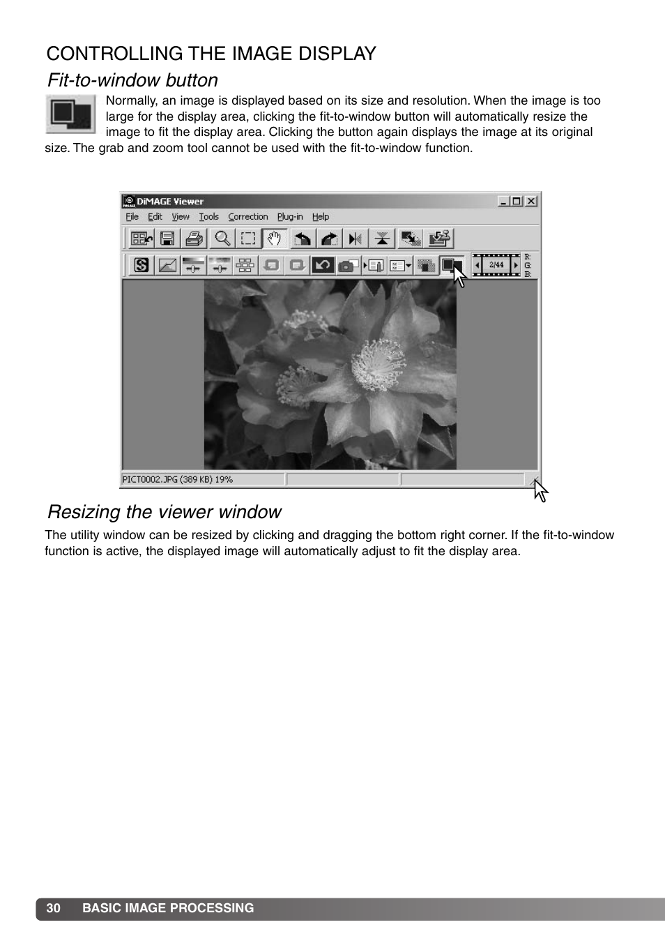 Controlling the image display, Fit-to-window button resizing the viewer window | Konica Minolta DiMAGE Viewer User Manual | Page 30 / 92