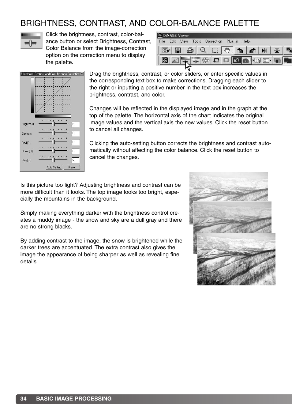 Brightness, contrast, and color-balance palette | Konica Minolta DiMAGE Viewer User Manual | Page 34 / 92