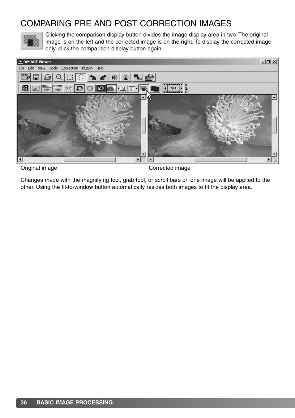 Comparing pre- and post correction images, Comparing pre and post correction images | Konica Minolta DiMAGE Viewer User Manual | Page 36 / 92