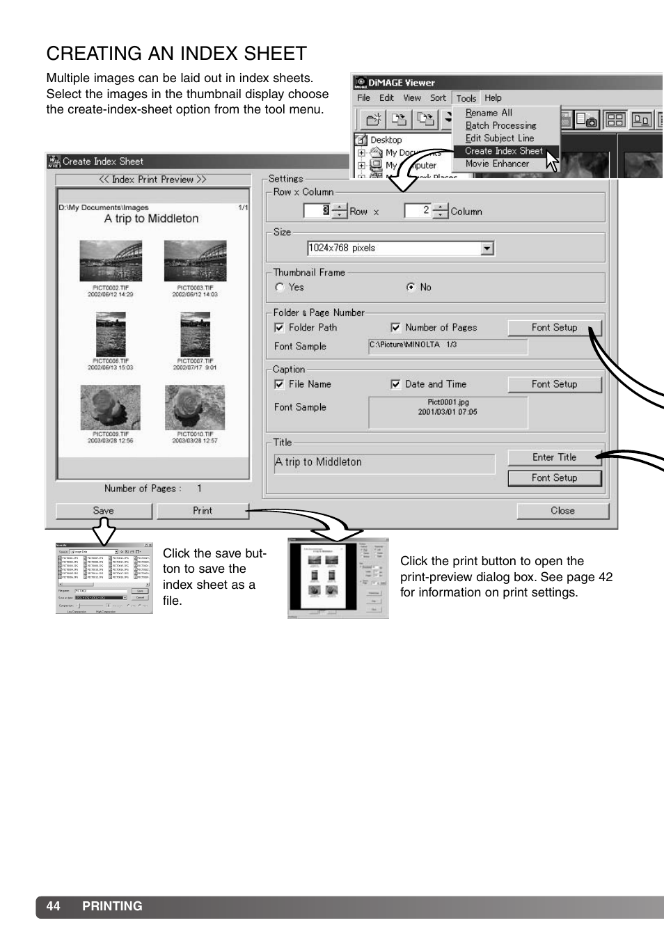 Creating an index sheet | Konica Minolta DiMAGE Viewer User Manual | Page 44 / 92