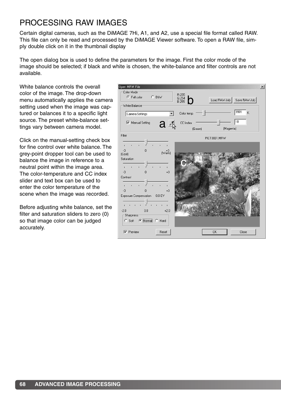 Processing raw images, Bc a | Konica Minolta DiMAGE Viewer User Manual | Page 68 / 92
