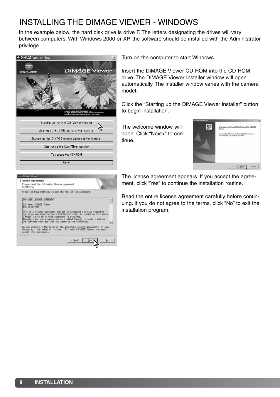 Installation, Installing the dimage viewer - windows | Konica Minolta DiMAGE Viewer User Manual | Page 8 / 92