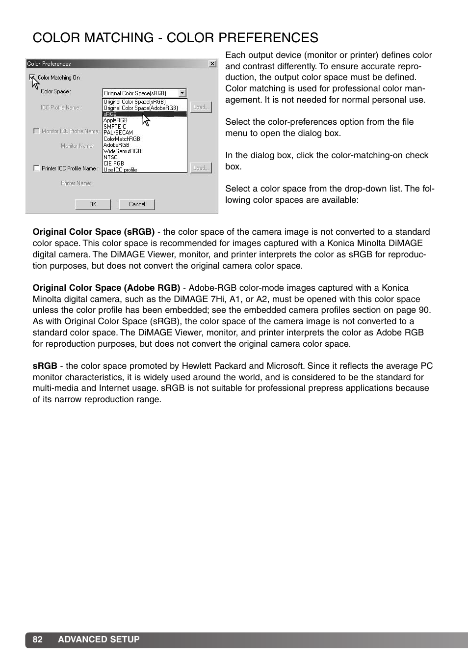Color matching - color preferences | Konica Minolta DiMAGE Viewer User Manual | Page 82 / 92