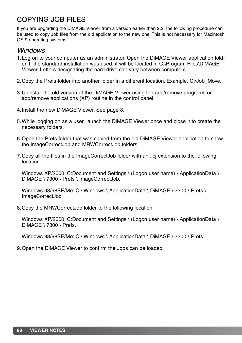 Copying job files, Windows | Konica Minolta DiMAGE Viewer User Manual | Page 88 / 92