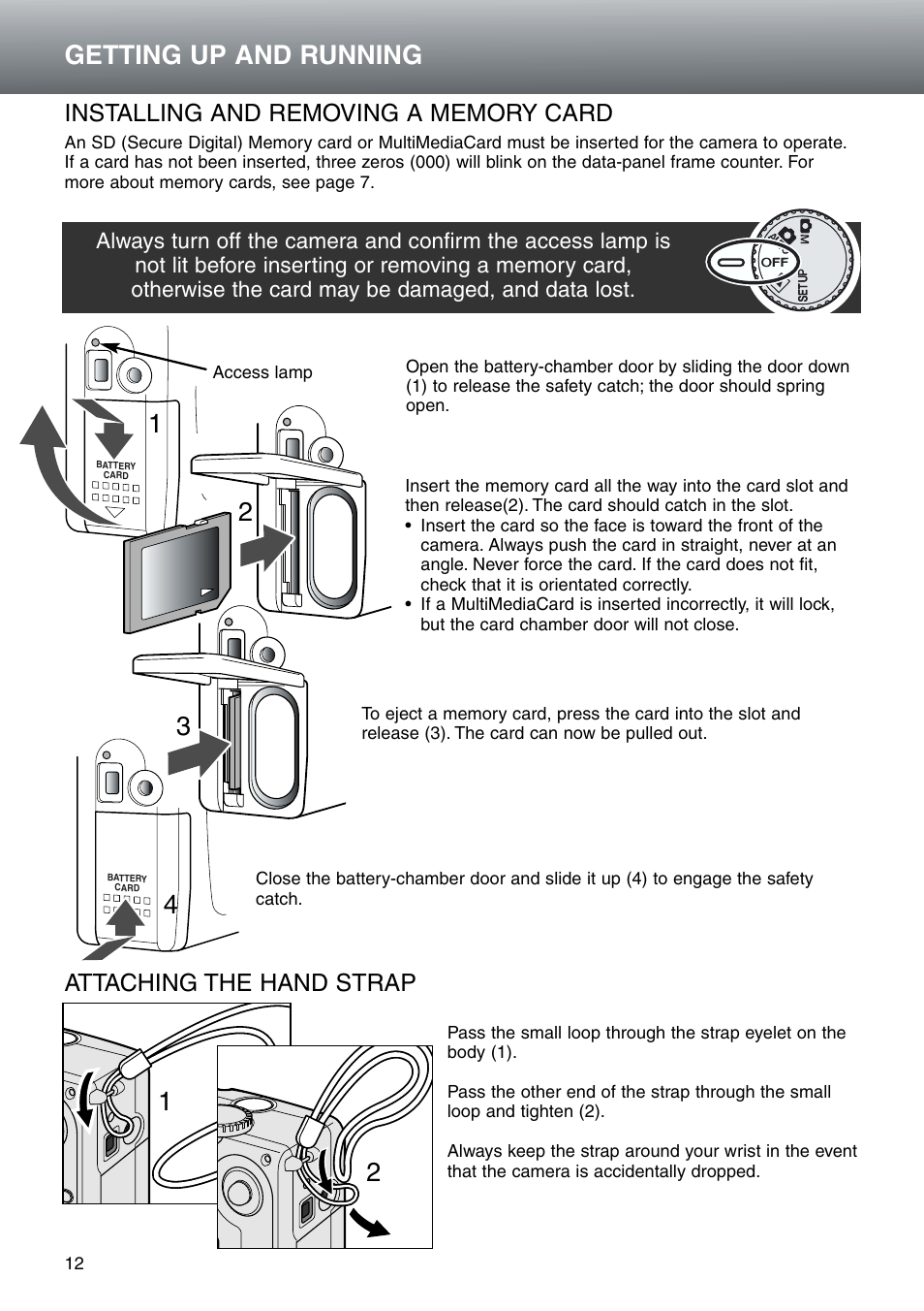 Getting up and running, Attaching the hand strap | Konica Minolta DiMAGE E203 User Manual | Page 12 / 56