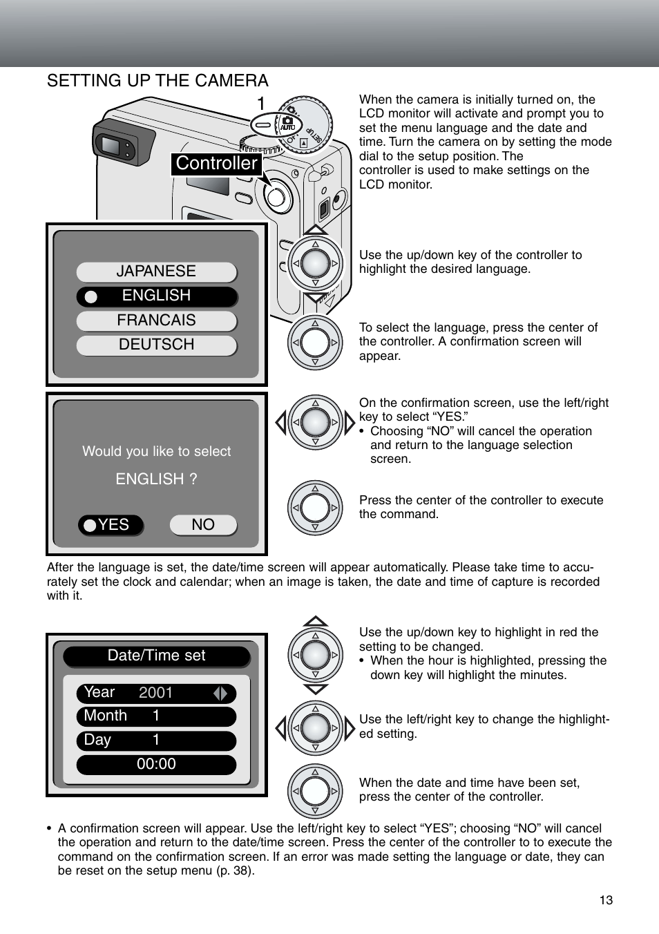 Setting up the camera, Controller 1 | Konica Minolta DiMAGE E203 User Manual | Page 13 / 56