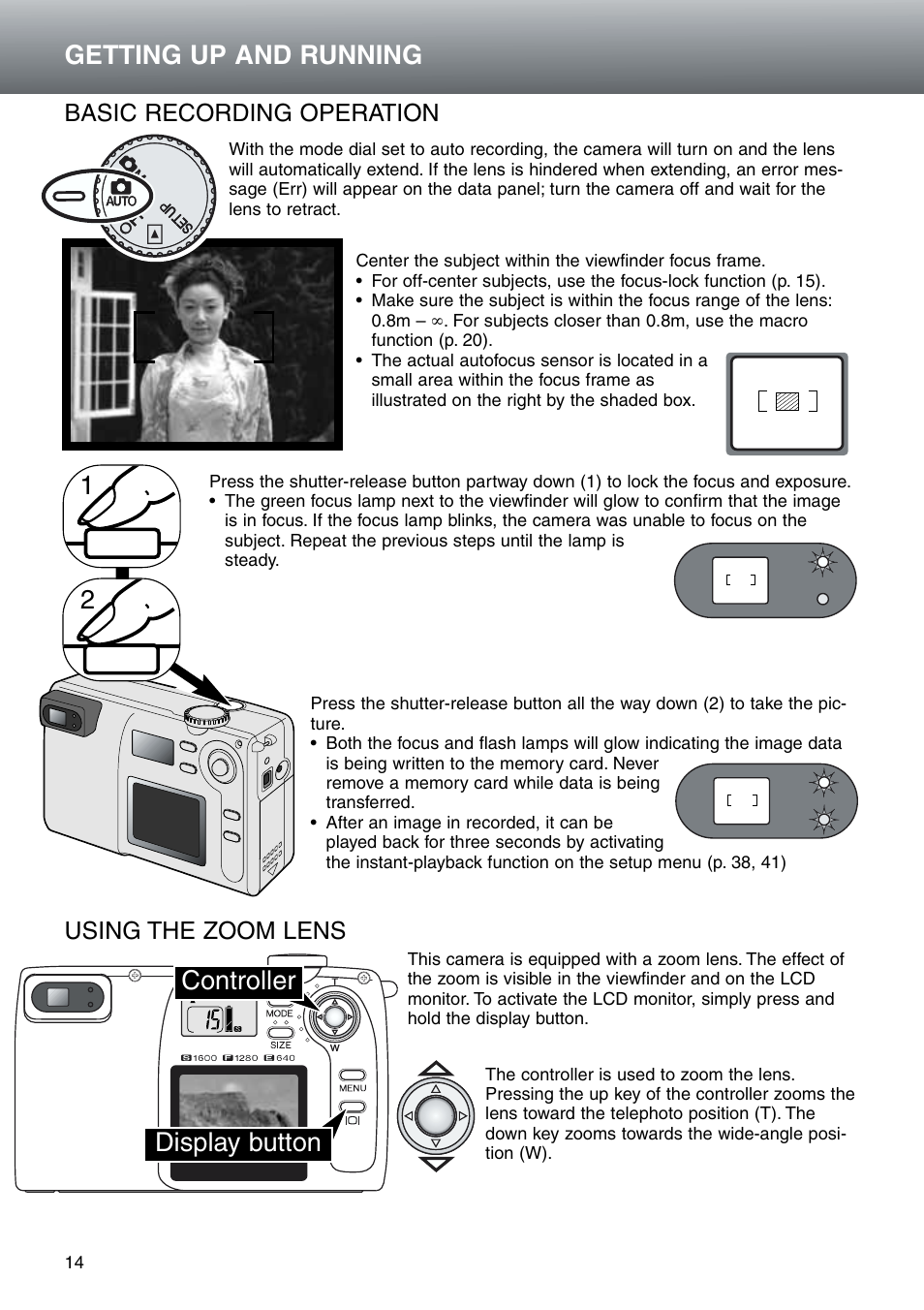 Basic recording operation using the zoom lens, Getting up and running, Controller display button | Konica Minolta DiMAGE E203 User Manual | Page 14 / 56