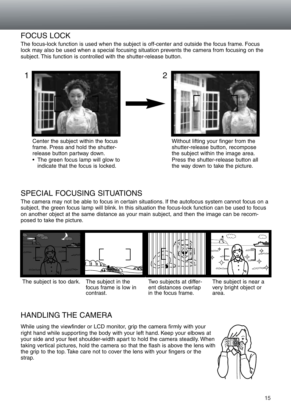 Special focusing situations, Focus lock, Handling the camera | Konica Minolta DiMAGE E203 User Manual | Page 15 / 56