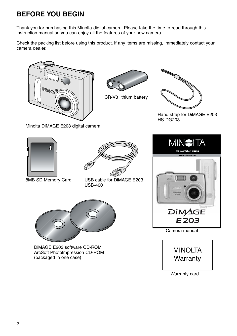 Before you begin, Minolta warranty | Konica Minolta DiMAGE E203 User Manual | Page 2 / 56