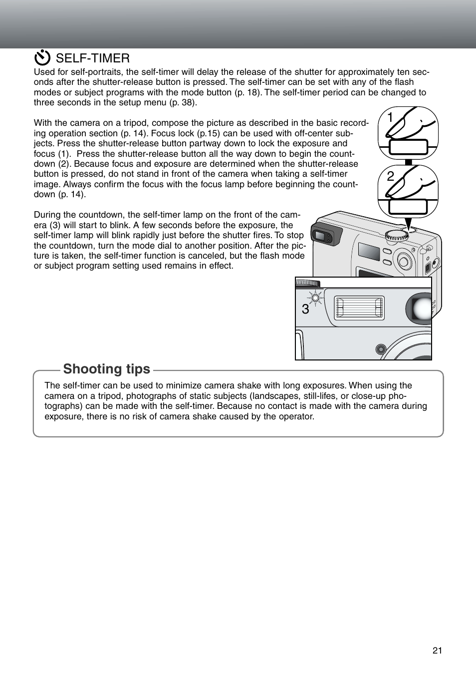 Self-timer, Shooting tips 1 2 3 | Konica Minolta DiMAGE E203 User Manual | Page 21 / 56