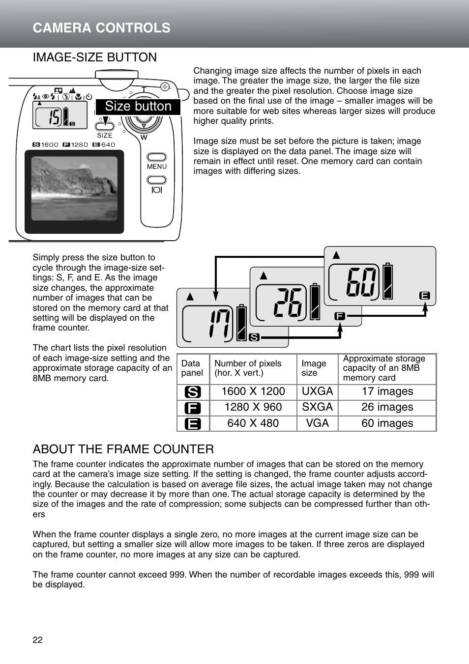 Image-size button about the frame counter, Size button, Camera controls | Konica Minolta DiMAGE E203 User Manual | Page 22 / 56
