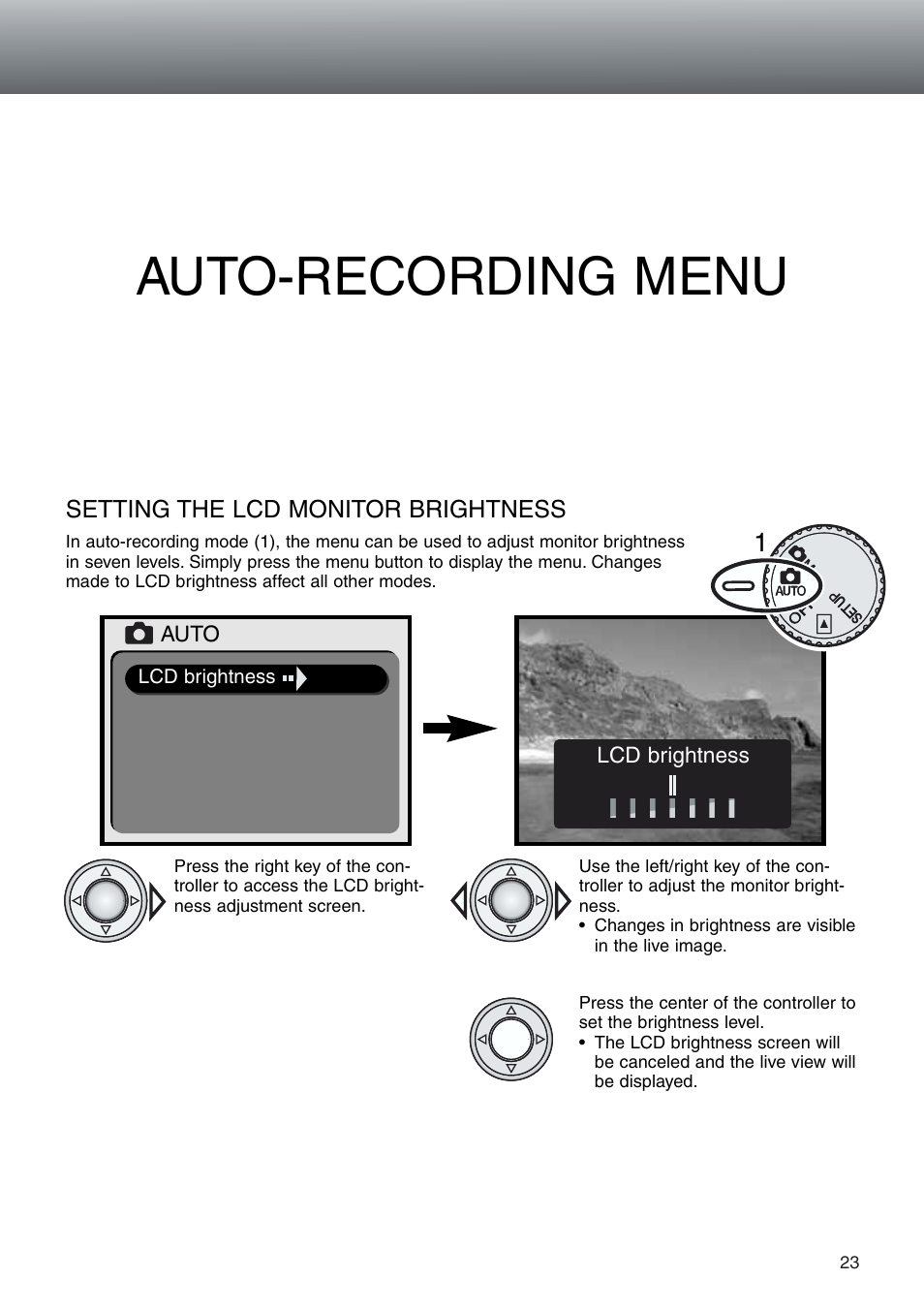 Auto-recording menu, Setting the lcd monitor brightness | Konica Minolta DiMAGE E203 User Manual | Page 23 / 56