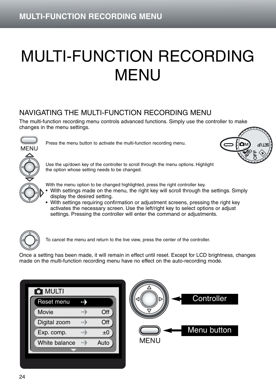 Multi-function recording menu, Navigating the multi-function recording menu, Controller menu button | Konica Minolta DiMAGE E203 User Manual | Page 24 / 56