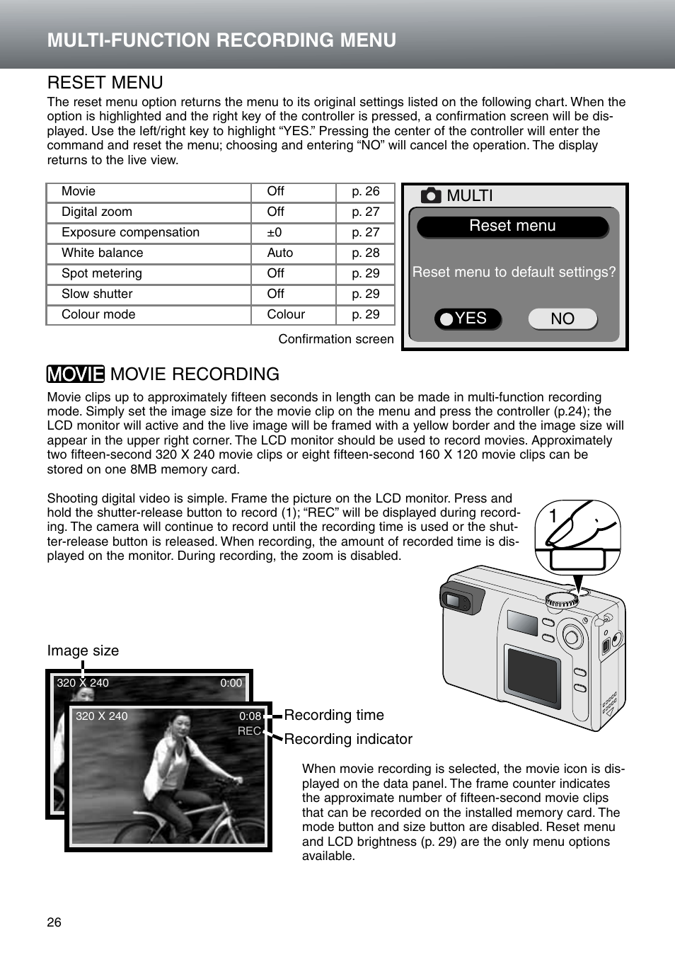 Reset menu movie recording, Multi-function recording menu, Reset menu | Movie recording | Konica Minolta DiMAGE E203 User Manual | Page 26 / 56