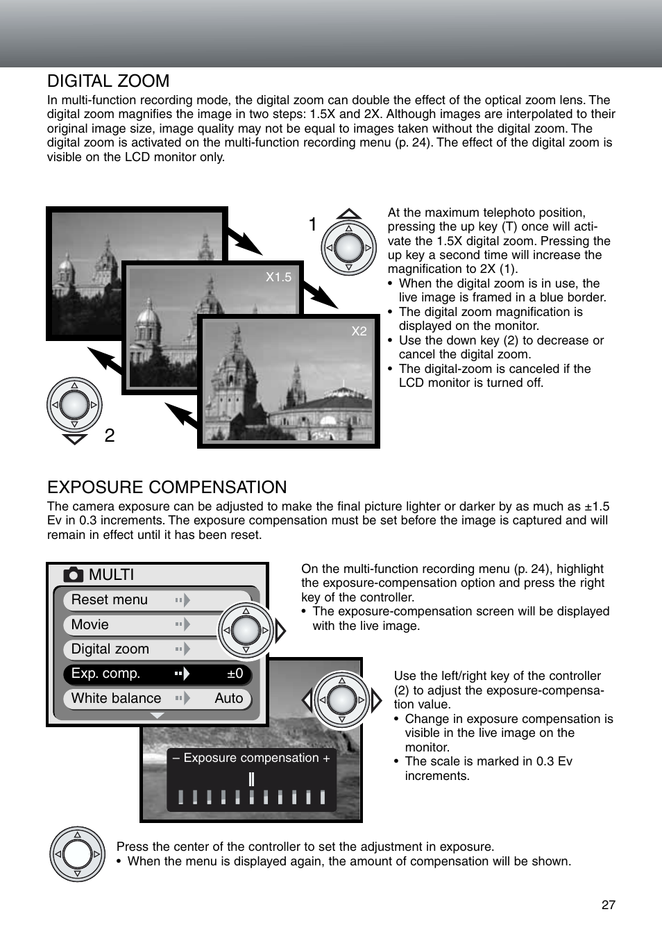 Digital zoom exposure compensation, Digital zoom, Exposure compensation | Konica Minolta DiMAGE E203 User Manual | Page 27 / 56