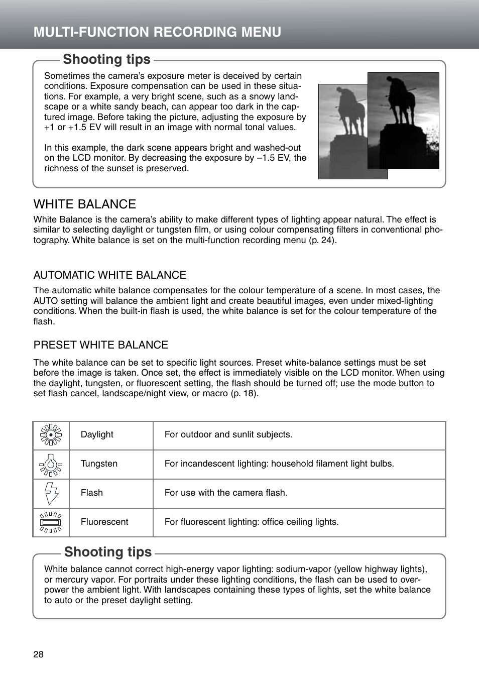 White balance, Automatic white balance preset white balance, Multi-function recording menu | Shooting tips | Konica Minolta DiMAGE E203 User Manual | Page 28 / 56