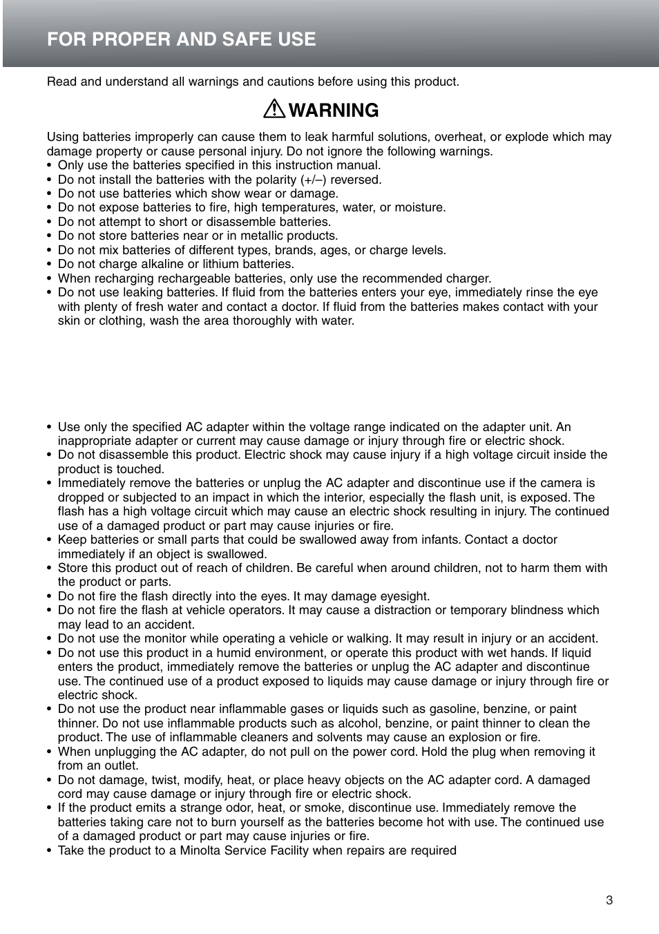 Warning, For proper and safe use | Konica Minolta DiMAGE E203 User Manual | Page 3 / 56
