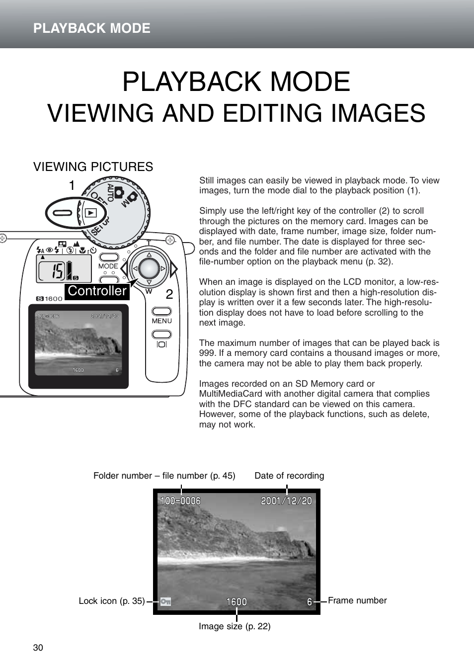 Playback mode – viewing and editing images, Viewing pictures, Playback mode | Viewing and editing images | Konica Minolta DiMAGE E203 User Manual | Page 30 / 56